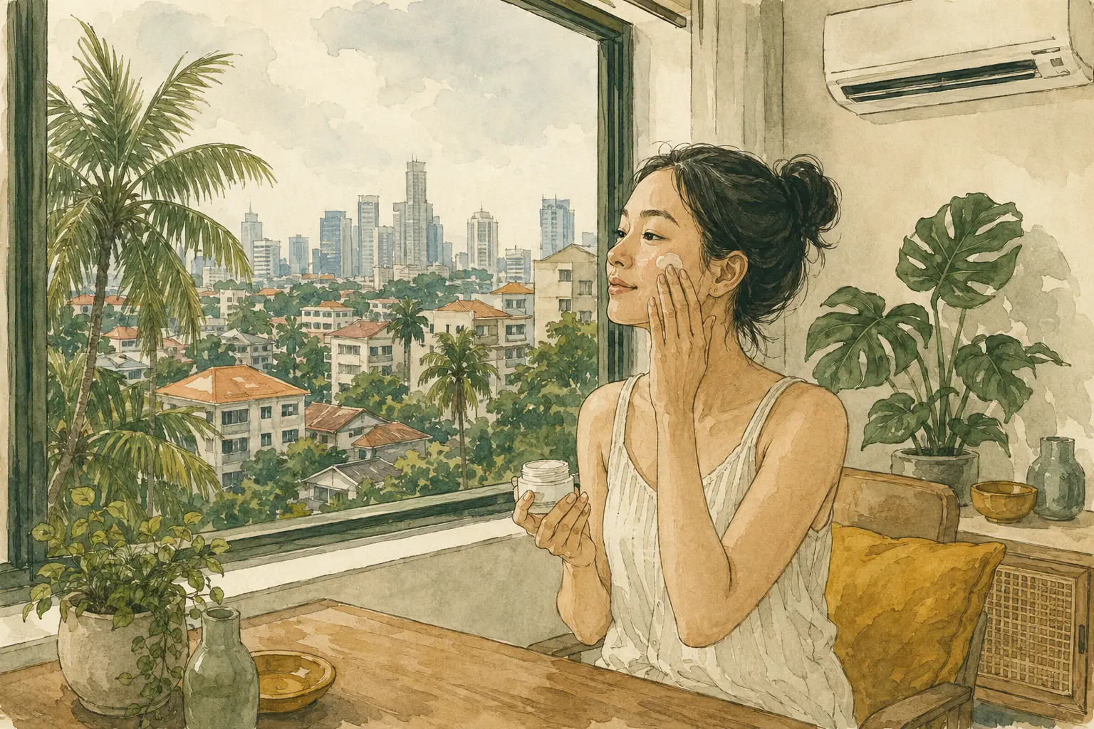 手绘插画：女性在热带城市与室内环境之间安排日常护肤