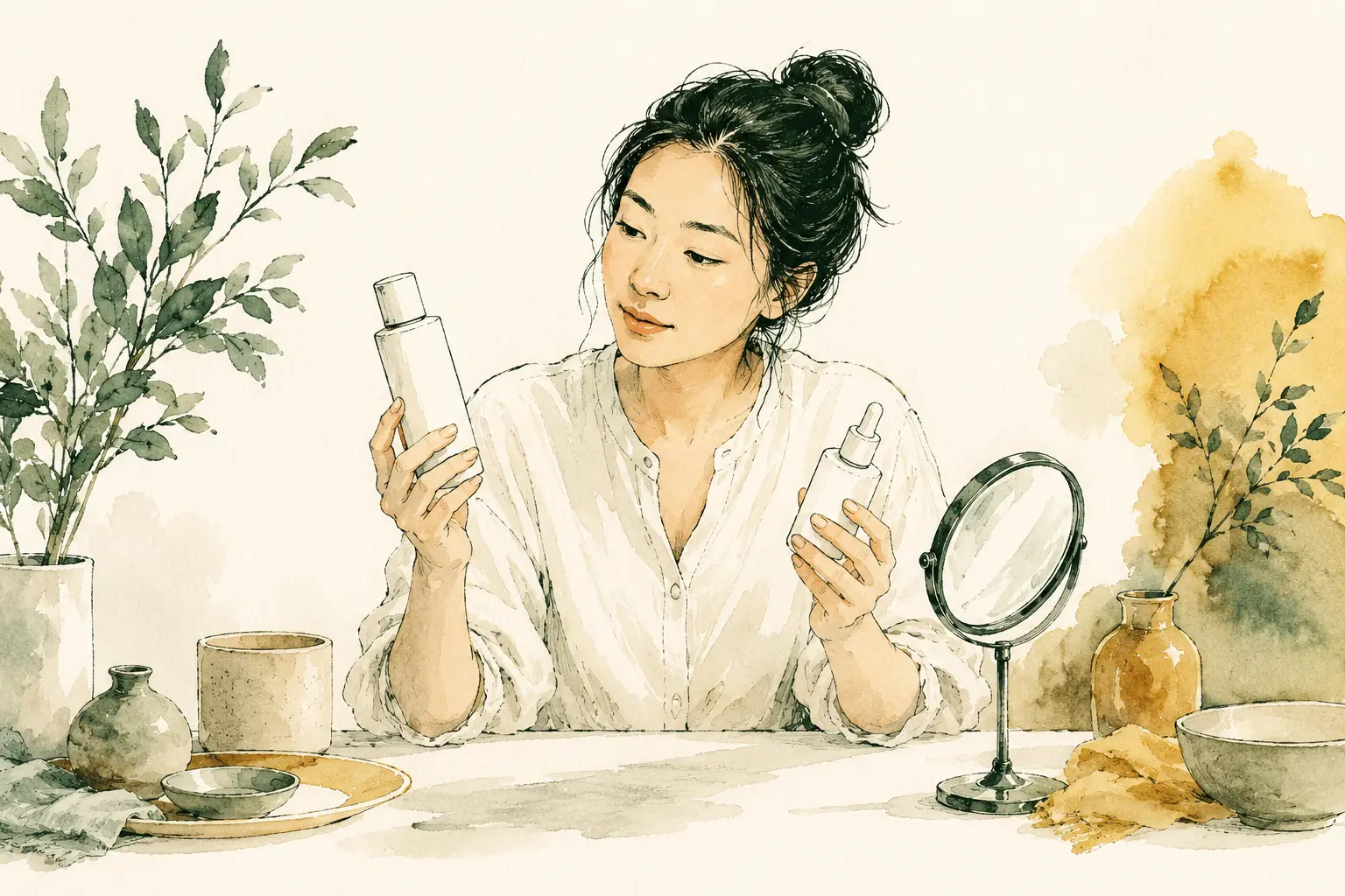 手绘插画：女性比较两瓶护肤品，思考适合自己的选择